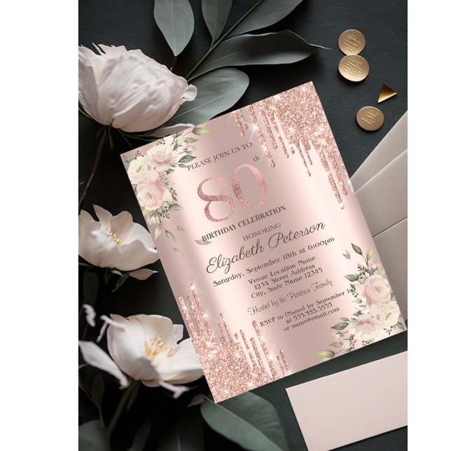 Convites Glitter Drives Rosa Dourado 80 Floral Aniversário (Criador carregado)