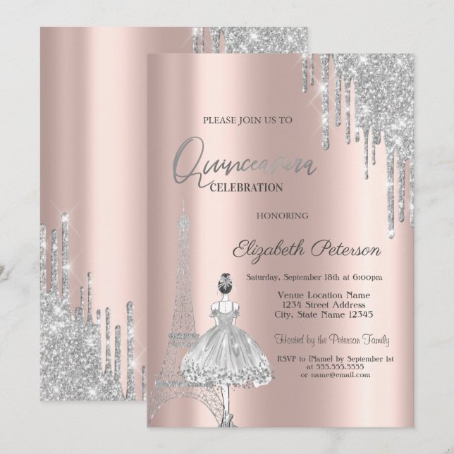 Convites Glitter Drives, Torre Eiffel Ballerina Quinceañera (Frente/Verso)