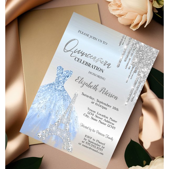 Convites Glitter Drives, Vestido, Torre Eiffel Quinceañera (Criador carregado)