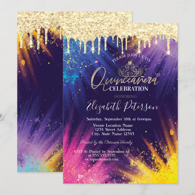 Convites Glitter Drives Watercolor Splash Quinceañera (Frente/Verso)
