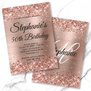 Convites Glitter e Folha de Ouro Rosa Monograma Chique