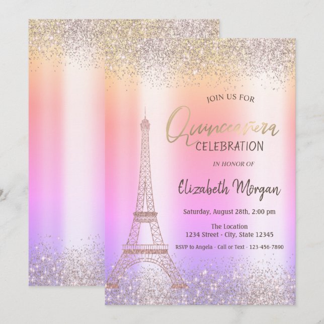 Convites Glitter Eiffel Confetti Ombre Quinceañera (Frente/Verso)