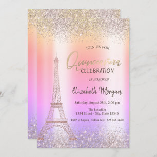 Convites Glitter Eiffel Confetti Ombre Quinceañera