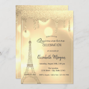 Convites Glitter Elegante, Bokeh Torre Eiffel Dourado