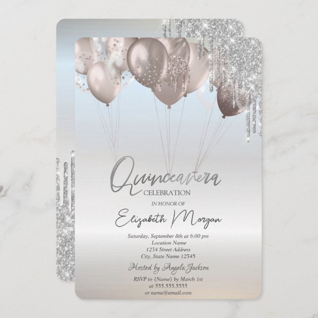 Convites Glitter Elegante Coloca Balões Silver Quinceañera (Frente/Verso)
