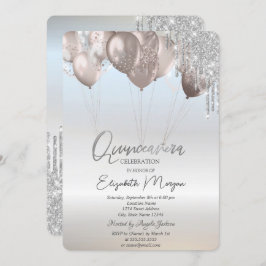 Convites Glitter Elegante Coloca Balões Silver Quinceañera