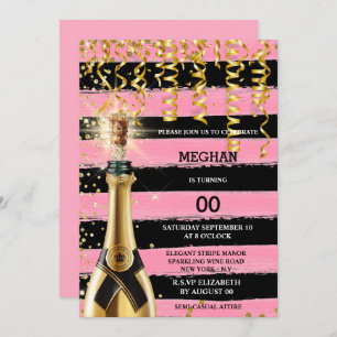 Convites Glitter elegante de vinho espumante preto-rosa 