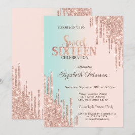 Convites Glitter Elegante Drips Rosa Dourado Ombre Sweet 16