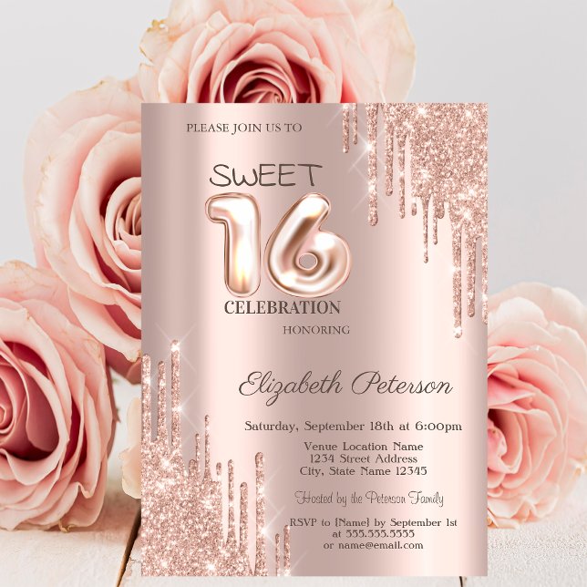 Convites Glitter Elegante Drips Rosa Dourado Sweet 16 (Criador carregado)