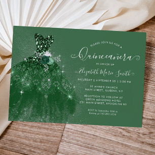 Convites Glitter Emerald Green Silver Dress Quinceanera