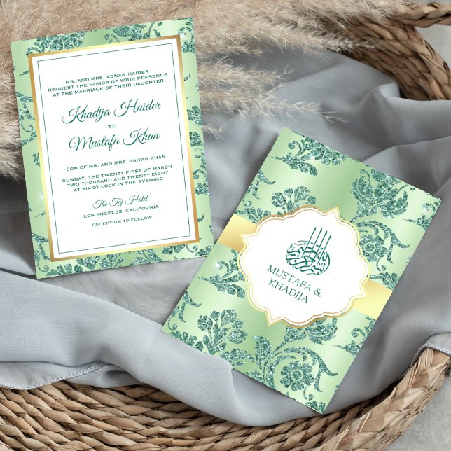 Convites Glitter Filigrana Verde Menta Rústico Casamento Mu (Criador carregado)