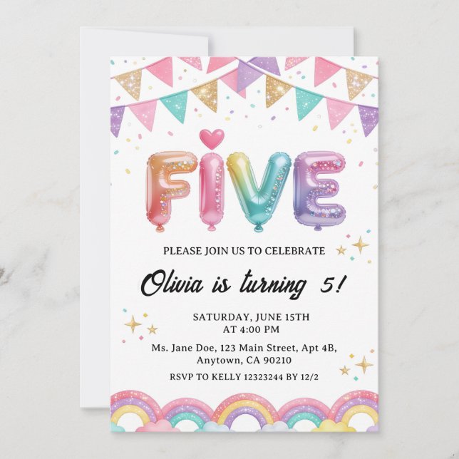 Convites Glitter FIVE Girly Rainbow Sequin 5th Birthday (Frente)