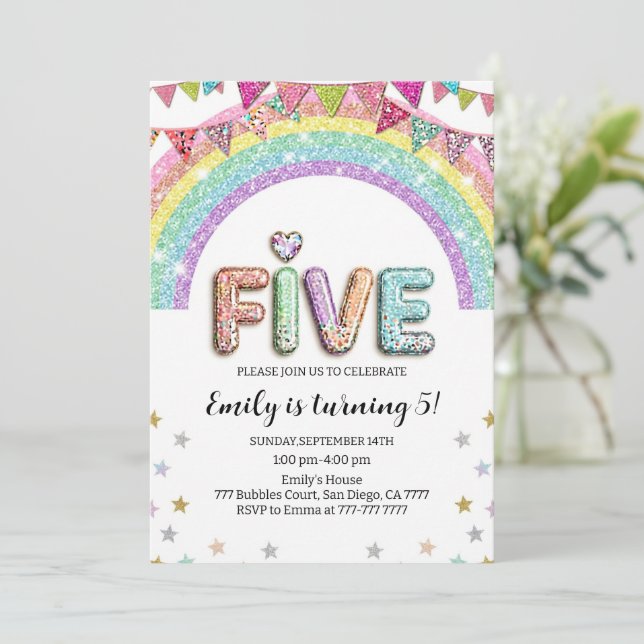Convites Glitter FIVE Girly Rainbow Sequin 5th Birthday (Em pé/Frente)