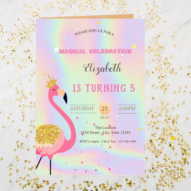 Convites Glitter Flamingo, Holographic Birthday (Criador carregado)