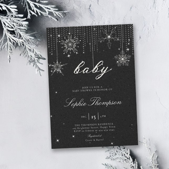 Convites Glitter Flocos de Neve BW Chá de fraldas Neutro de (gender neutral winter bridal shower invitation black white christmas elegant rhinestones bling class)