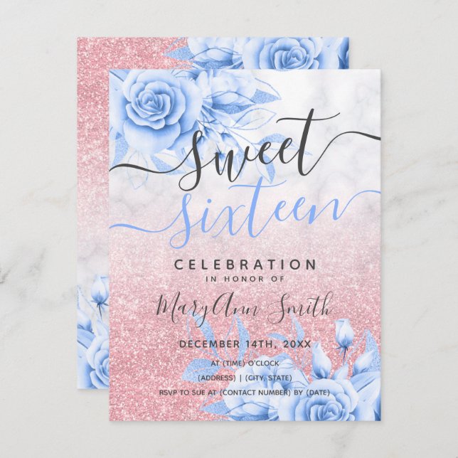 Convites Glitter Floral Azul-Dourado rosa Doce 16 (Frente/Verso)