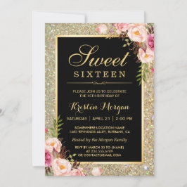 Convites Glitter Floral Clássico Dourado Doce 16 Festa de a