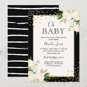 Convites Glitter Floral Dourado Listras Pretas Oh Chá de Be