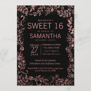 Convites Glitter Floral Dourado Rosa a preto Doce 16