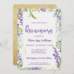 Convites Glitter Floral Elegante De Lavanda Dourada Quincea