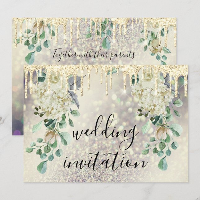 Convites Glitter Floral Mint Green Casamento Dourado (Frente/Verso)
