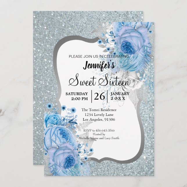 Convites Glitter Floral Sweet 16 Aniversário (Frente/Verso)
