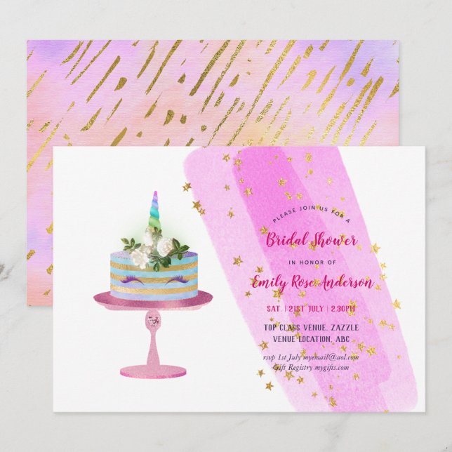 Convites Glitter Foil Look UNICORN CAKE Girls Party ANY (Frente/Verso)