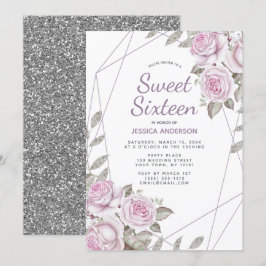 Convites Glitter Geométrico de Prata Rosa Púrpura Doce Deze