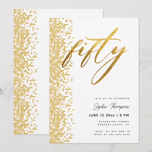 Convites Glitter Geométrico Dourado Branco Elegante 50º Ani (Frente/Verso)