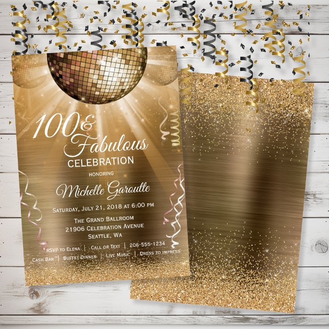 Convites Glitter Glam 100 Dourado e Bola de Disco Fabulosa (Gold Glitter Glam 100 and Fabulous Disco Ball Invitation)
