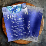 Convites Glitter Glam 50 e Fabuloso Blue Disco Ball<br><div class="desc">Você será o sino da bola com este 50 azul da moda e o convite da Fabulosa Celebração! Bolas de disco azuis e prateadas brilham sobre fundo metálico escovado azul com galhardetes e cinzas prateadas. Fácil de personalizar com opções personalizadas. Use o botão 'Personalizar o produto' para personalizar o produto...</div>