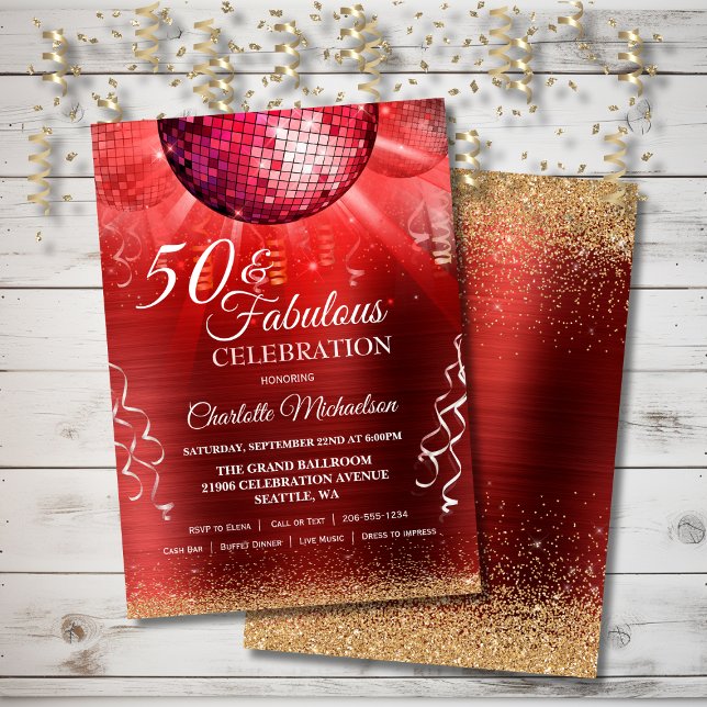 Convites Glitter Glam 50 e Fabuloso Red Disco Ball (Glitter Glam 50 and Fabulous Red Disco Ball Invitation)