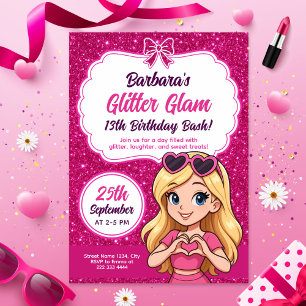 Convites Glitter Glam Birthday Bash Editável Cintilante