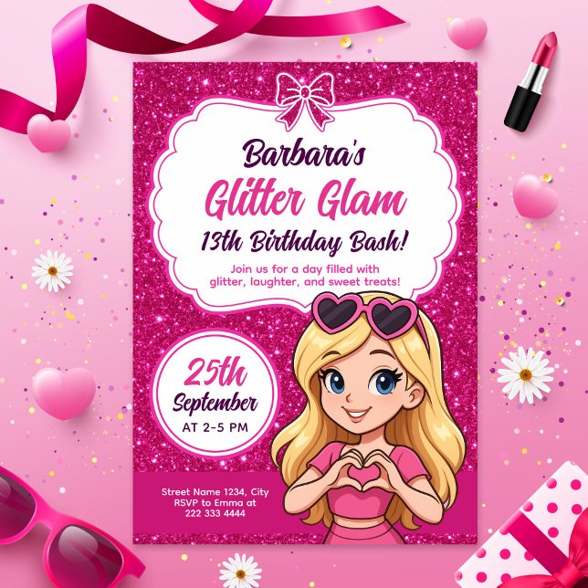 Convites Glitter Glam Birthday Bash Editável Cintilante (Criador carregado)