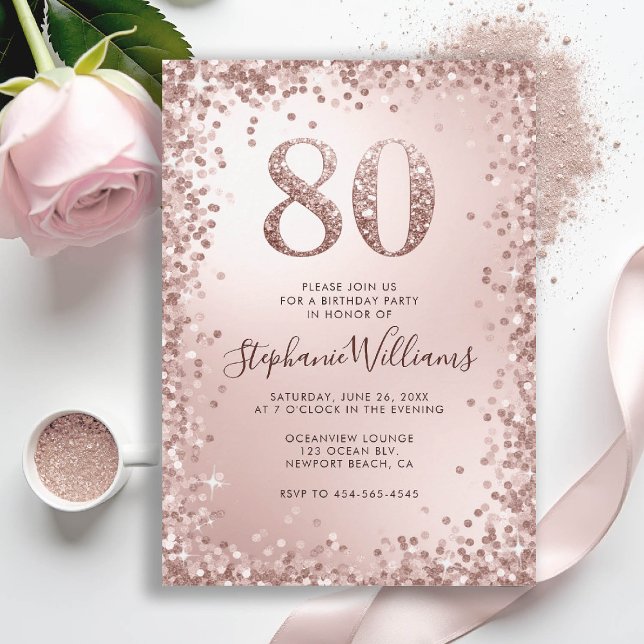 Convites Glitter Glam Sparkles Rosa Dourada 80 Aniversário (80th birthday invitation for women glitter sparkle rose gold elegant glam luxury stylish classy)