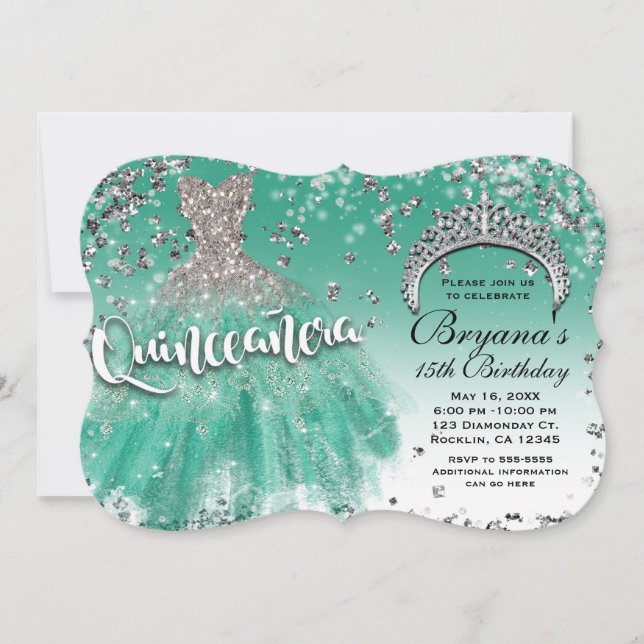 Convites Glitter Glamor de Silver Teal Quinceañera 15 (Frente)
