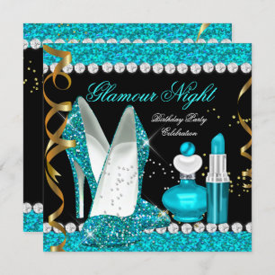 Convites Glitter Glamor Noite Teal Azul Dourado Partido 2