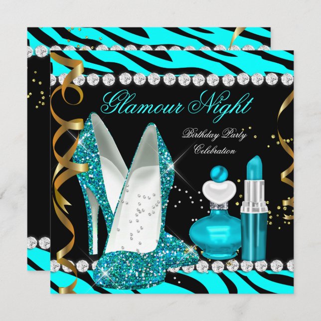 Convites Glitter Glamor Noite Teal Azul Dourado Zebra Negra (Frente/Verso)