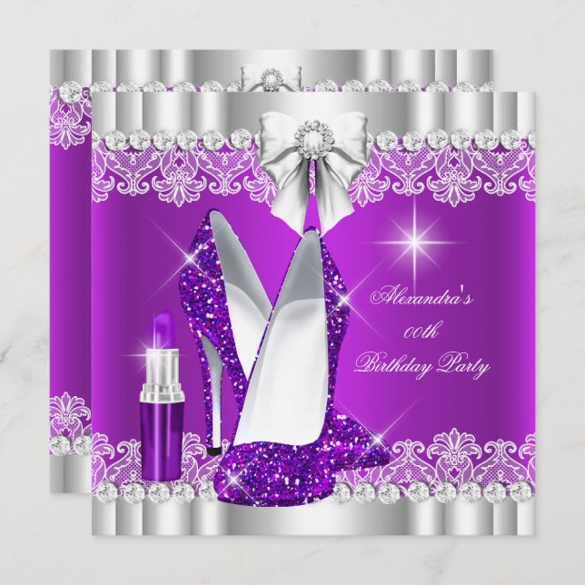 Convites Glitter Glamor Purple Hi Heels Lipstick (Frente/Verso)