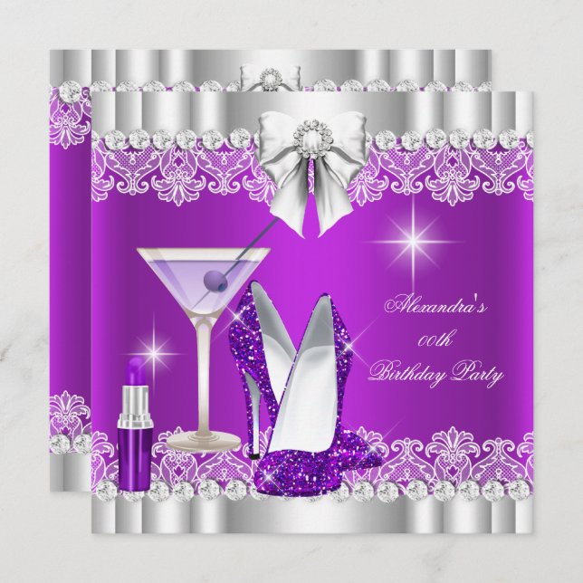 Convites Glitter Glamor Purple Hi Heels Lipstick Martini (Frente/Verso)