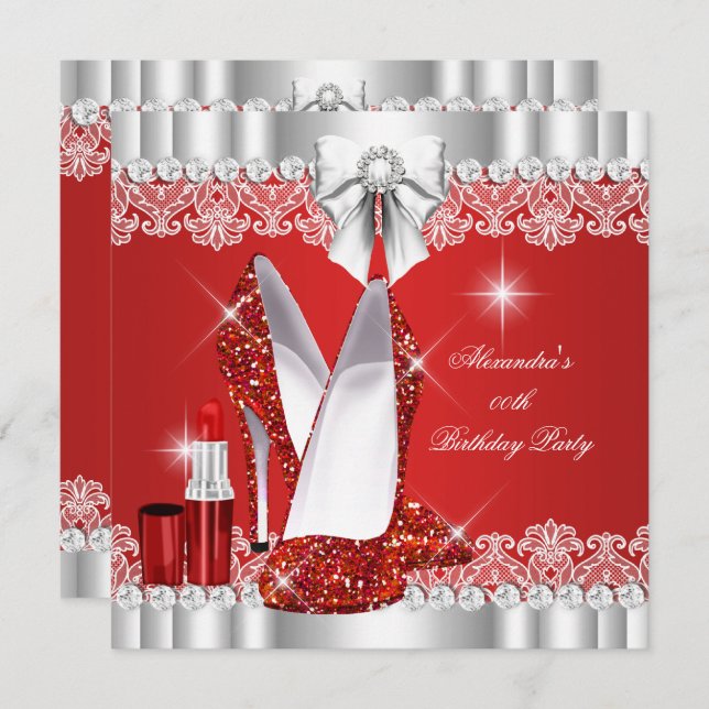 Convites Glitter Glamor Red Hi Heels Lipstick (Frente/Verso)
