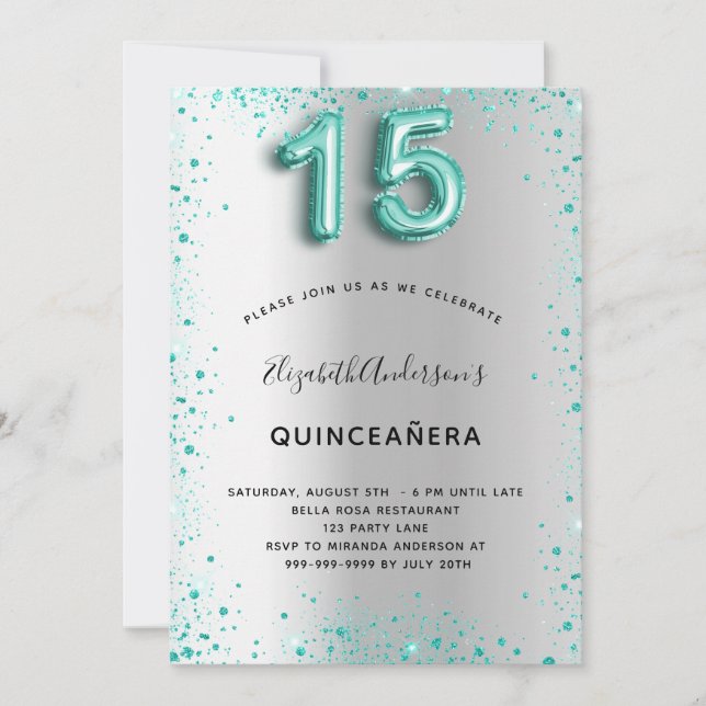 Convites Glitter glamouroso de prata de quinceanera (Frente)