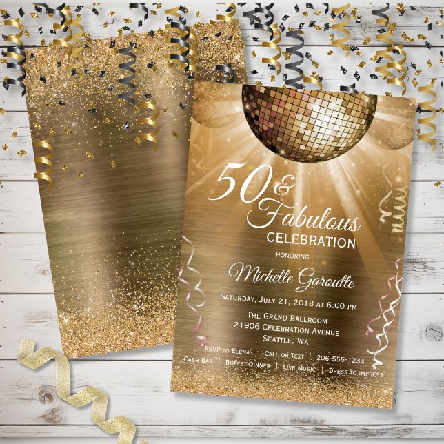 Convites Glitter Glitter 50 Dourado e Bola Disco Fabulosa (Gold Glitter Glam 50 and Fabulous Disco Ball Invitation)