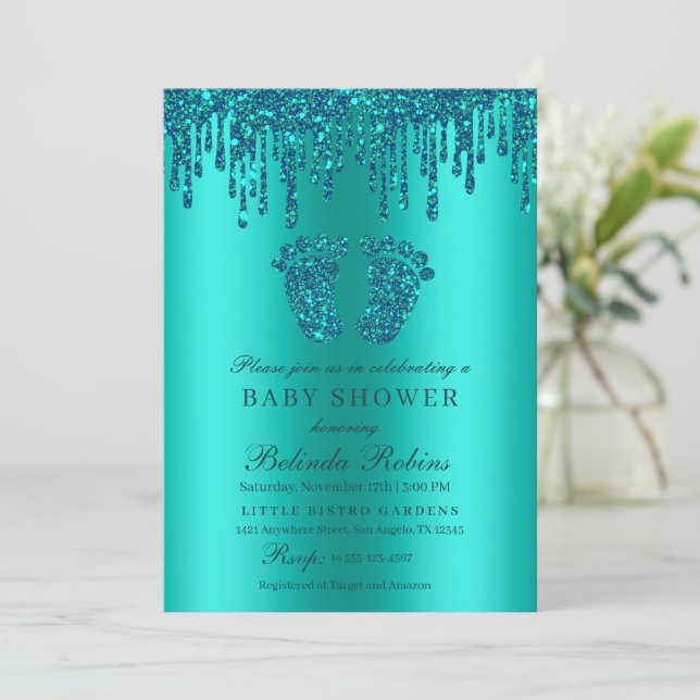 Convites Glitter Glitter Chá de fraldas verde de bebê (Em pé/Frente)