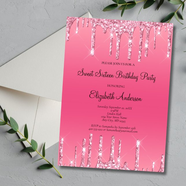 Convites Glitter Glitter Coletor Rosa Doce 16 Aniversário (Pink Dripping Glitter Sweet Sixteen Birthday Party Invitation, Bling Glam, Printed or Digital )