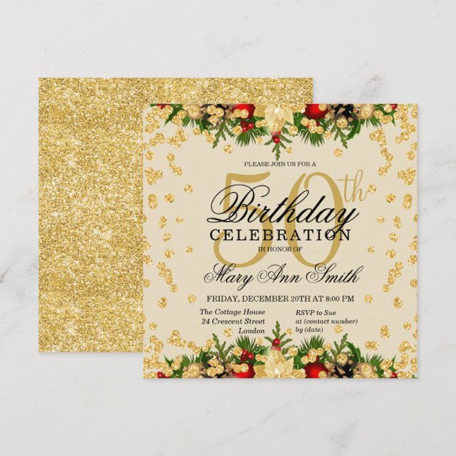 Convites Glitter Glitter de Feriado Dourado e Vermelho 50º  (Frente/Verso)