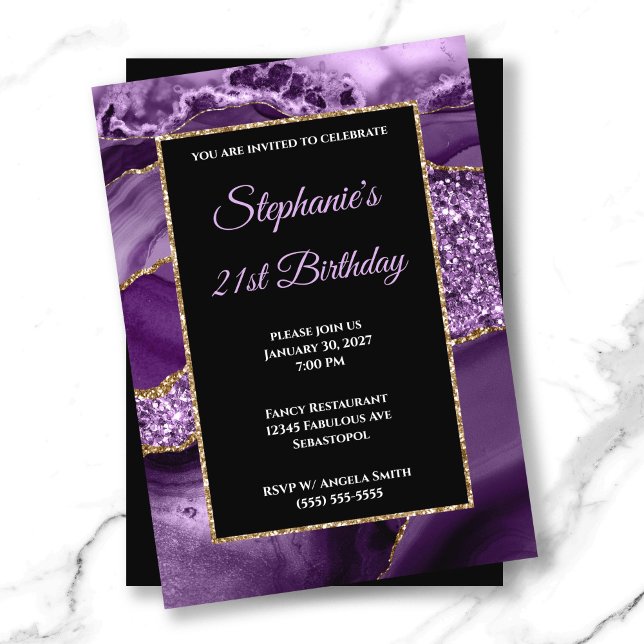 Convites Glitter Glitter Dourado de Agato Roxo aniversário  (Purple Agate Gold Glitter Glam 21st Birthday Invitation)