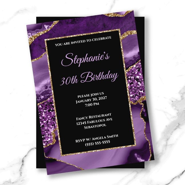 Convites Glitter Glitter Dourado de Agato Roxo aniversário  (Purple Agate Gold Glitter Glam 30th Birthday Invitation)