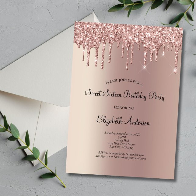 Convites Glitter Glitter Dourado rosa Doce 16 Aniversário (Rose Gold Dripping Glitter Glam Bling Sweet 16 Birthday Party Invitation. Printed or Digital)