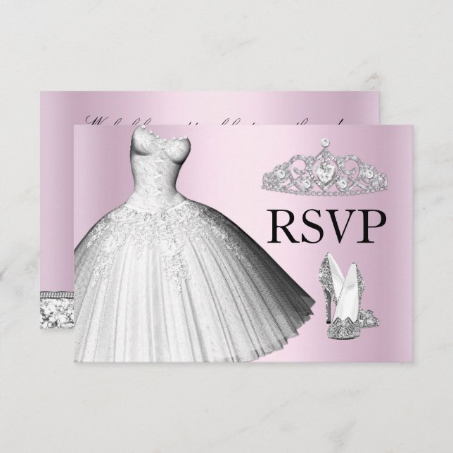 Convites Glitter Glitter Dress & Heels Quinceanera RSVP (Frente/Verso)